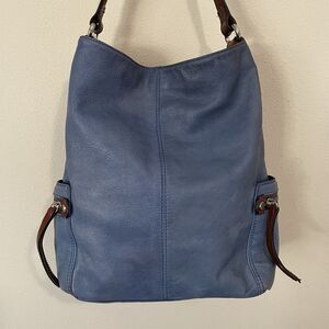 Tano Blue Leather Brown Trim Hobo Shoulder Handbag Slouchy Purse Tote Bag
